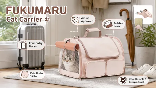 An airline-approved pink FUKUMARU soft-sided cat carrier with a rollable privacy cover, mesh windows, and a cat peeking out from the front door.