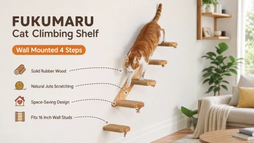An orange and white cat walking down a 4-step wall-mounted FUKUMARU solid rubber wood cat climbing shelf wrapped with natural jute scratching rope.