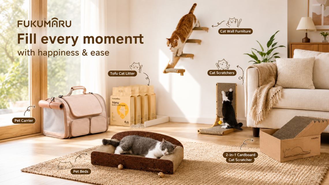 A warm living room displaying various FUKUMARU cat products, including a cat carrier, tofu cat litter, a cat scratcher bed sofa, an L-shaped vertical scratcher, a 5-in-1 scratcher box, and wall-mounted climbing steps with cats actively playing.