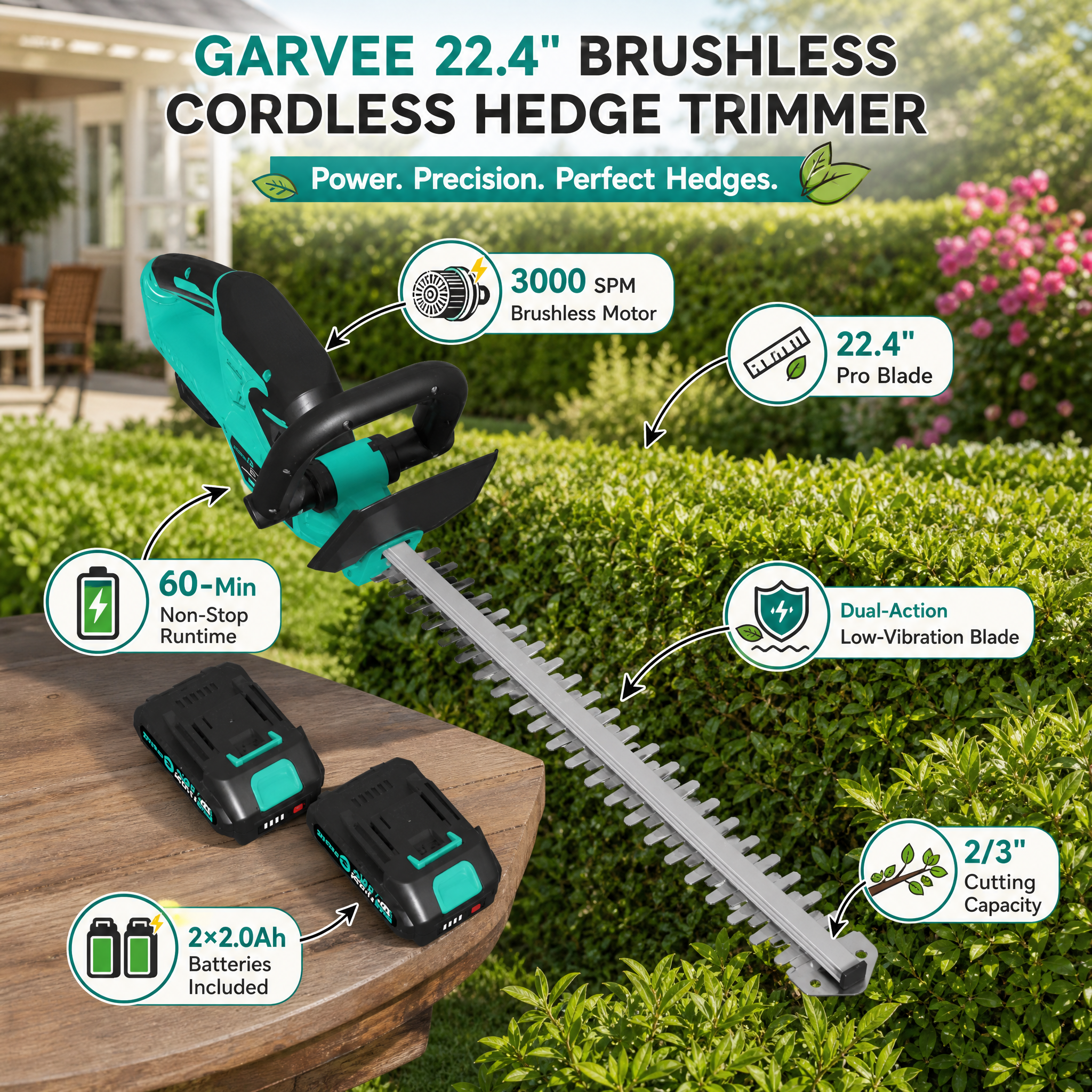 A promotional image for the GARVEE 22.4" Brushless Cordless Hedge Trimmer, showcasing its features: a 3000 SPM brushless motor, 60-minute runtime, dual-action low-vibration blade, 2/3" cutting capacity, and two included 2.0Ah batteries, set against a green hedge and patio background.