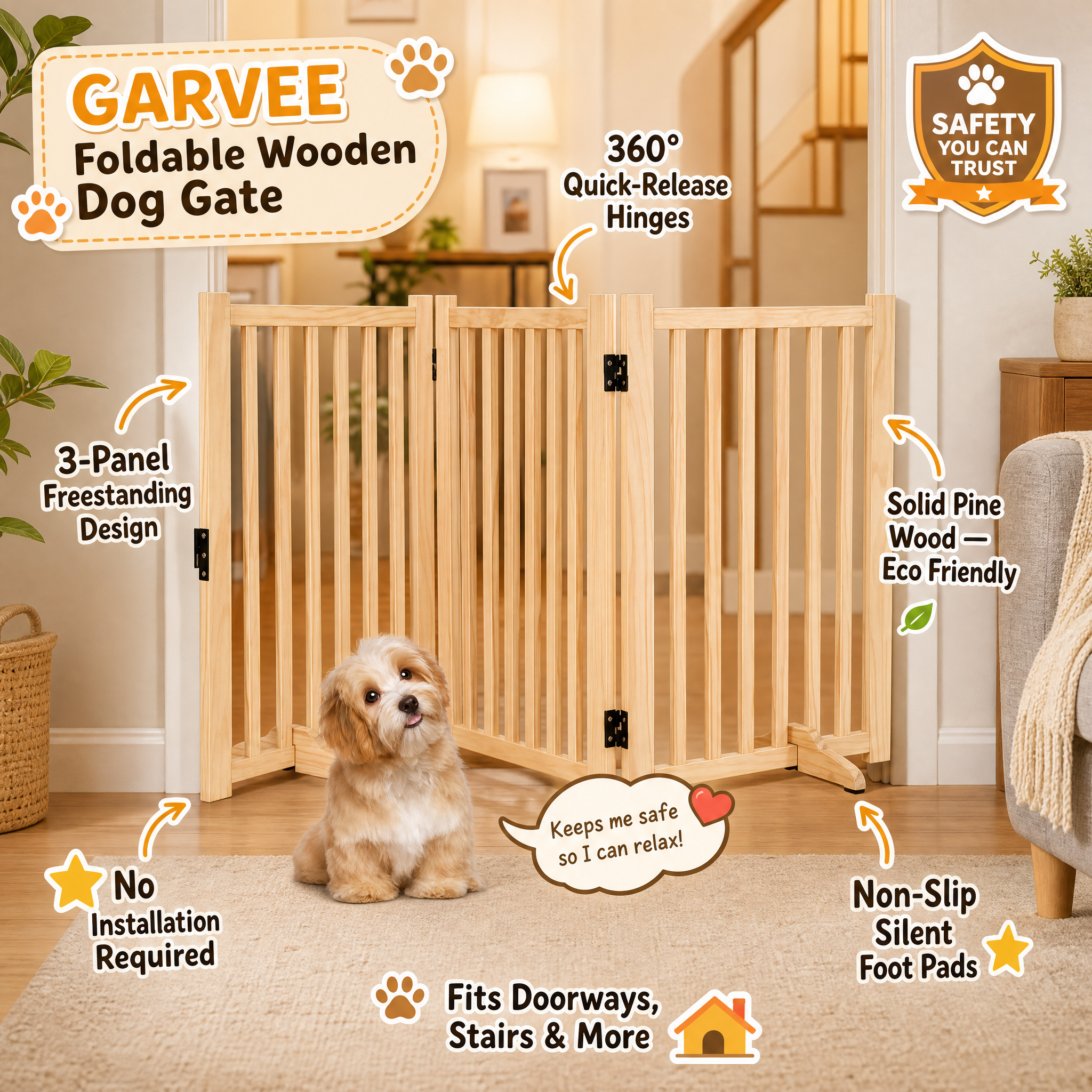 A product feature image for the GARVEE Foldable Wooden Dog Gate, showing a small, fluffy dog sitting in front of a light wood gate at a doorway. Callouts highlight features like the 3-panel freestanding design, 360-degree quick-release hinges, solid pine wood, non-slip foot pads, and "Safety You Can Trust."