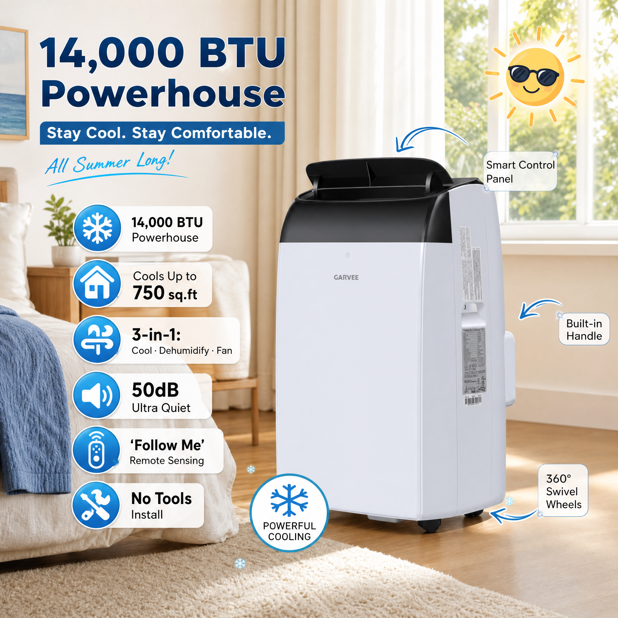 A feature-focused image for the GARVEE 14,000 BTU Portable Air Conditioner, set in a sunny bedroom. Icons detail its specs: cooling up to 750 sq.ft, 3-in-1 functions, 50dB quiet operation, 'Follow Me' remote sensing, tool-free installation, and mobility with built-in handles and swivel wheels.