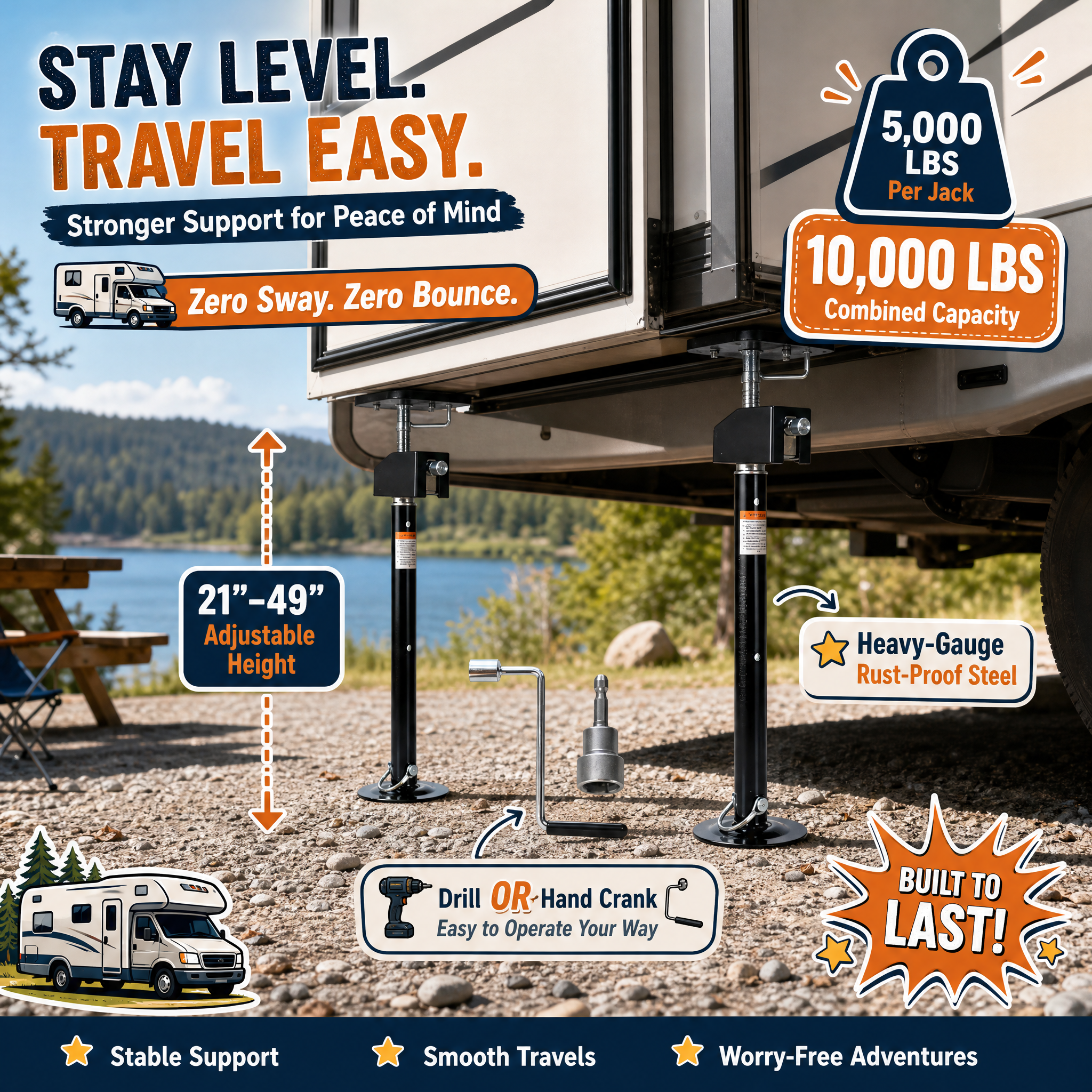 A promotional graphic for GARVEE RV Slide-Out Support Jacks, showing two heavy-duty steel jacks stabilizing an RV extension in an outdoor lakeside camp. Key features are highlighted: 10,000 lbs combined capacity (5,000 lbs per jack), adjustable height (21"-49"), and options to operate via drill or hand crank.