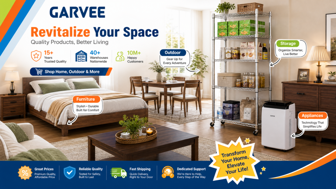 A comprehensive brand infographic for GARVEE, featuring a room with furniture, appliances, and storage. Sections define: Furniture (stylish & durable), Appliances (technology-driven), Storage (smarter organizing), and Outdoor gear. It highlights 15+ years of quality, 40+ nationwide warehouses, 10M+ customers, and promises great prices, reliable quality, and fast shipping.