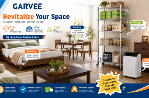 A comprehensive brand infographic for GARVEE, featuring a room with furniture, appliances, and storage. Sections define: Furniture (stylish & durable), Appliances (technology-driven), Storage (smarter organizing), and Outdoor gear. It highlights 15+ years of quality, 40+ nationwide warehouses, 10M+ customers, and promises great prices, reliable quality, and fast shipping.
