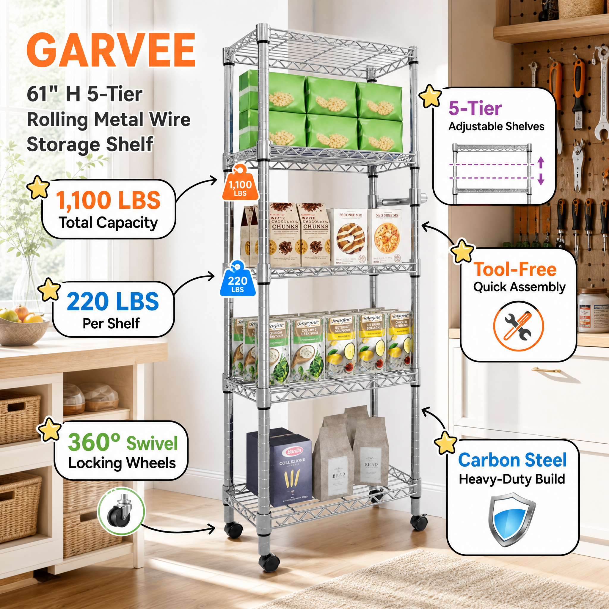 A promotional image for the GARVEE 61" H 5-Tier Rolling Metal Wire Storage Shelf, showing the shelf loaded with kitchen supplies and bags in a workshop setting. Callout lines highlight features: 1,100 lbs total capacity (220 lbs per shelf), adjustable shelves, tool-free assembly, heavy-duty carbon steel build, and locking swivel wheels.