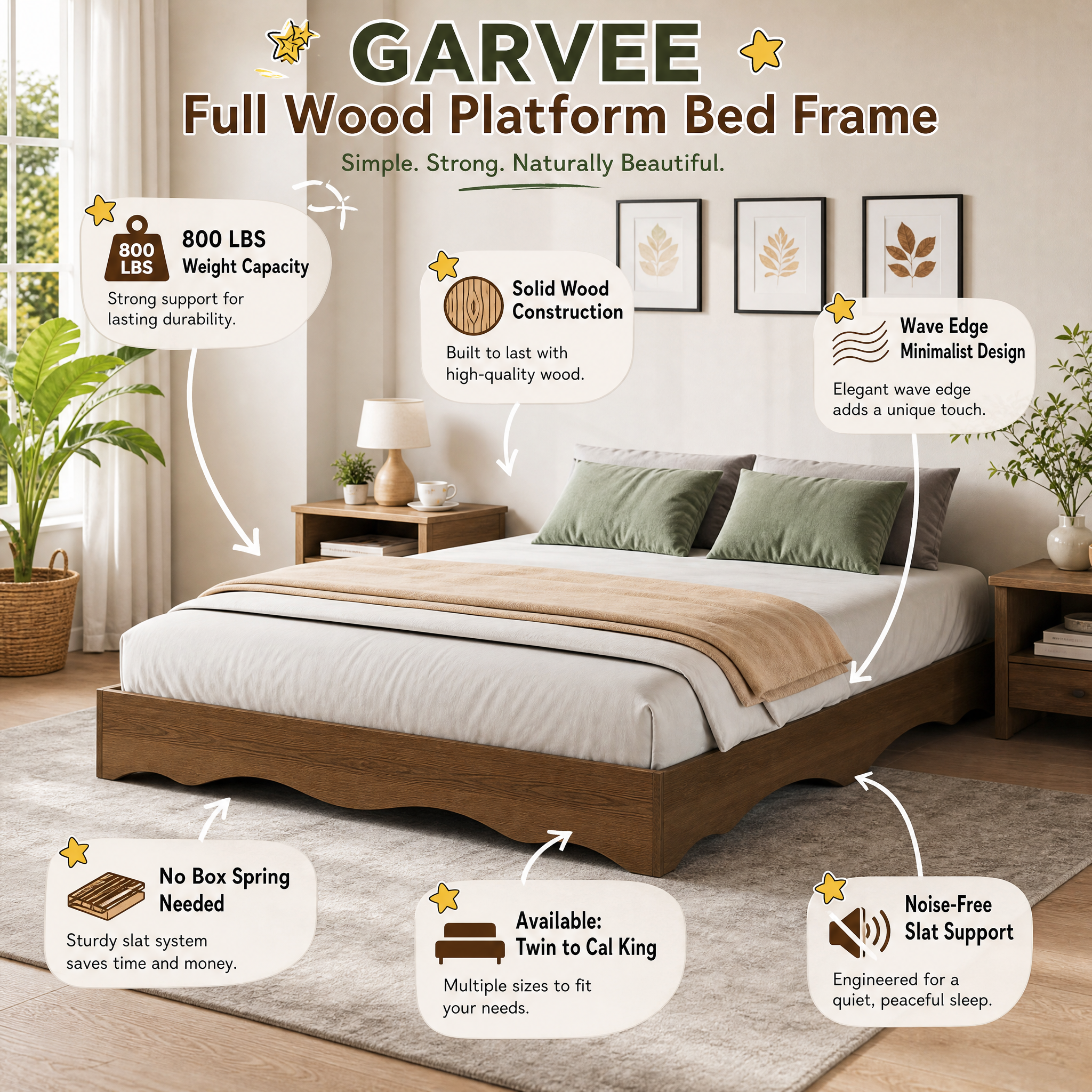 A feature-focused image for the GARVEE Full Wood Platform Bed Frame, showing the bed in a decorated bedroom. Icons and callouts highlight features: 800 lbs weight capacity, solid wood construction, wave-edge minimalist design, no box spring needed, noise-free slat support, and availability in multiple sizes.