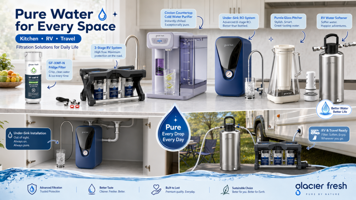 Glacier Fresh promotional collection featuring refrigerator, countertop, under-sink, pitcher, RV filtration, and water-softening solutions across kitchen and RV settings, presenting a complete water filtration lineup for home and travel.