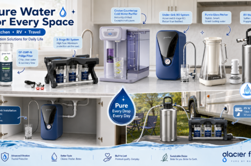 Glacier Fresh promotional collection featuring refrigerator, countertop, under-sink, pitcher, RV filtration, and water-softening solutions across kitchen and RV settings, presenting a complete water filtration lineup for home and travel.