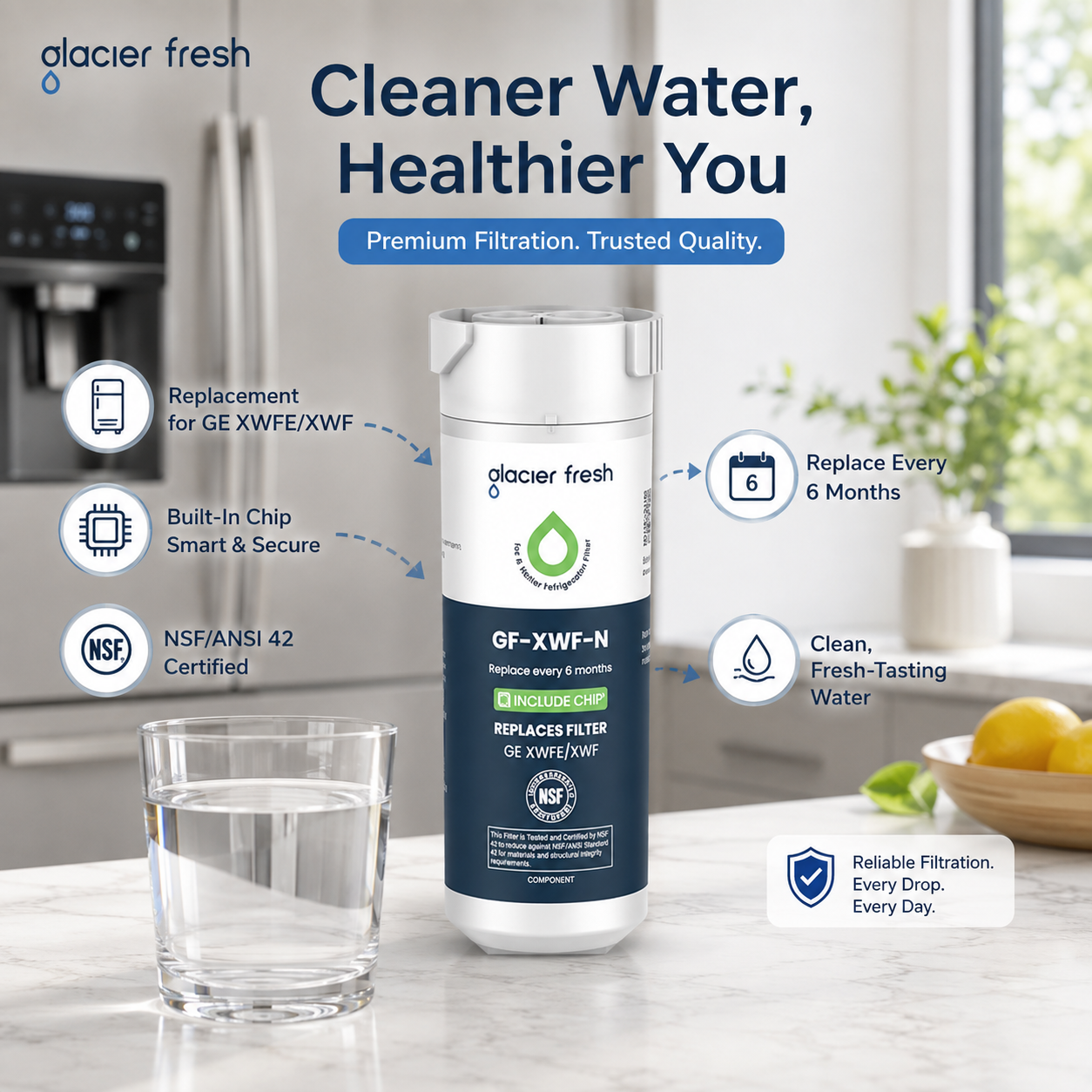 Glacier Fresh GF-XWF-N refrigerator water filter displayed on a modern kitchen counter beside a glass of water. Callouts highlight compatibility with GE XWFE/XWF, built-in chip, NSF/ANSI 42 certification, six-month replacement, and fresh-tasting water.
