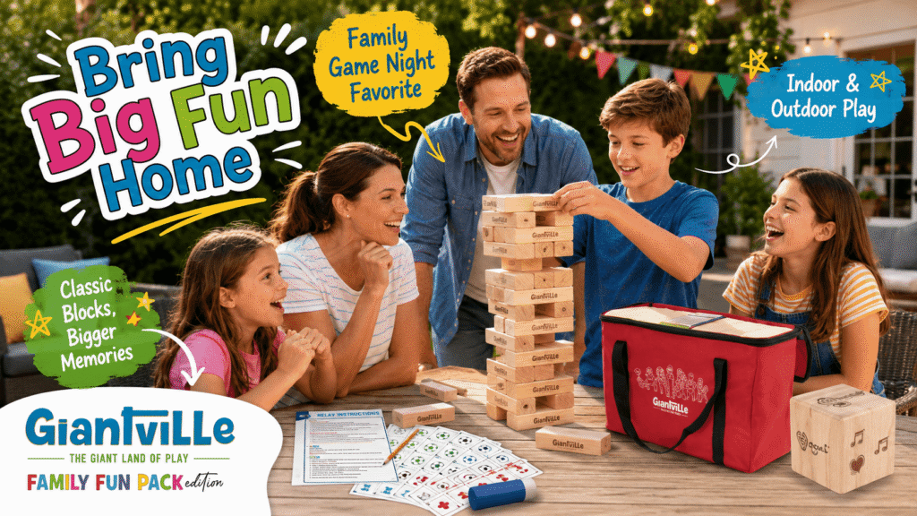 Family playing Giantville giant tumbling blocks at an outdoor game night, with a wooden tower, Family Fun Pack cards, activity sheets, large wooden die, and red carry bag for interactive indoor and outdoor play.