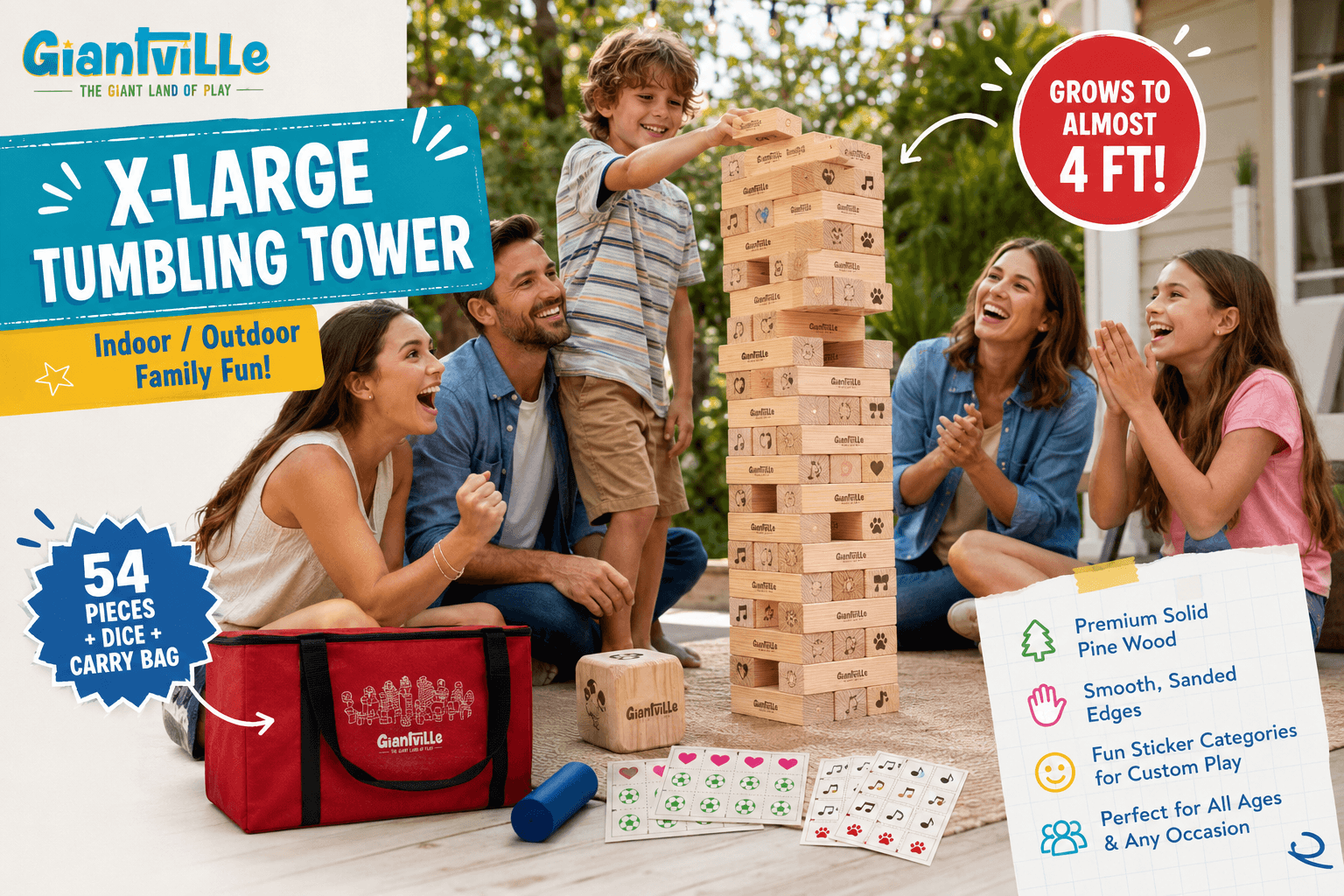 Giantville X-Large Tumbling Tower played by a family outdoors, featuring premium pine wood blocks, 54 pieces, dice, carry bag, and a tower that grows to almost 4 feet for indoor and outdoor family fun.