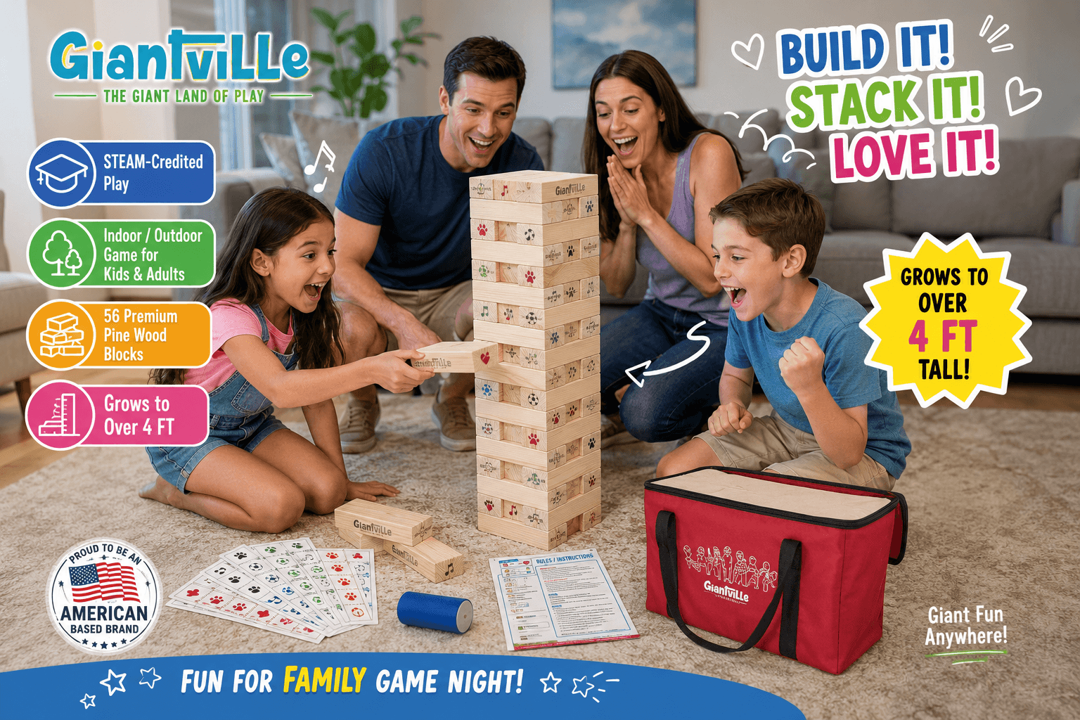 Family enjoying Giantville’s STEAM-Credited giant tumbling block game indoors, with 56 premium pine wood blocks, a red carry bag, activity accessories, and a tower that grows over 4 feet tall.