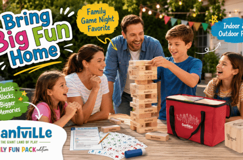 Family playing Giantville giant tumbling blocks at an outdoor game night, with a wooden tower, Family Fun Pack cards, activity sheets, large wooden die, and red carry bag for interactive indoor and outdoor play.