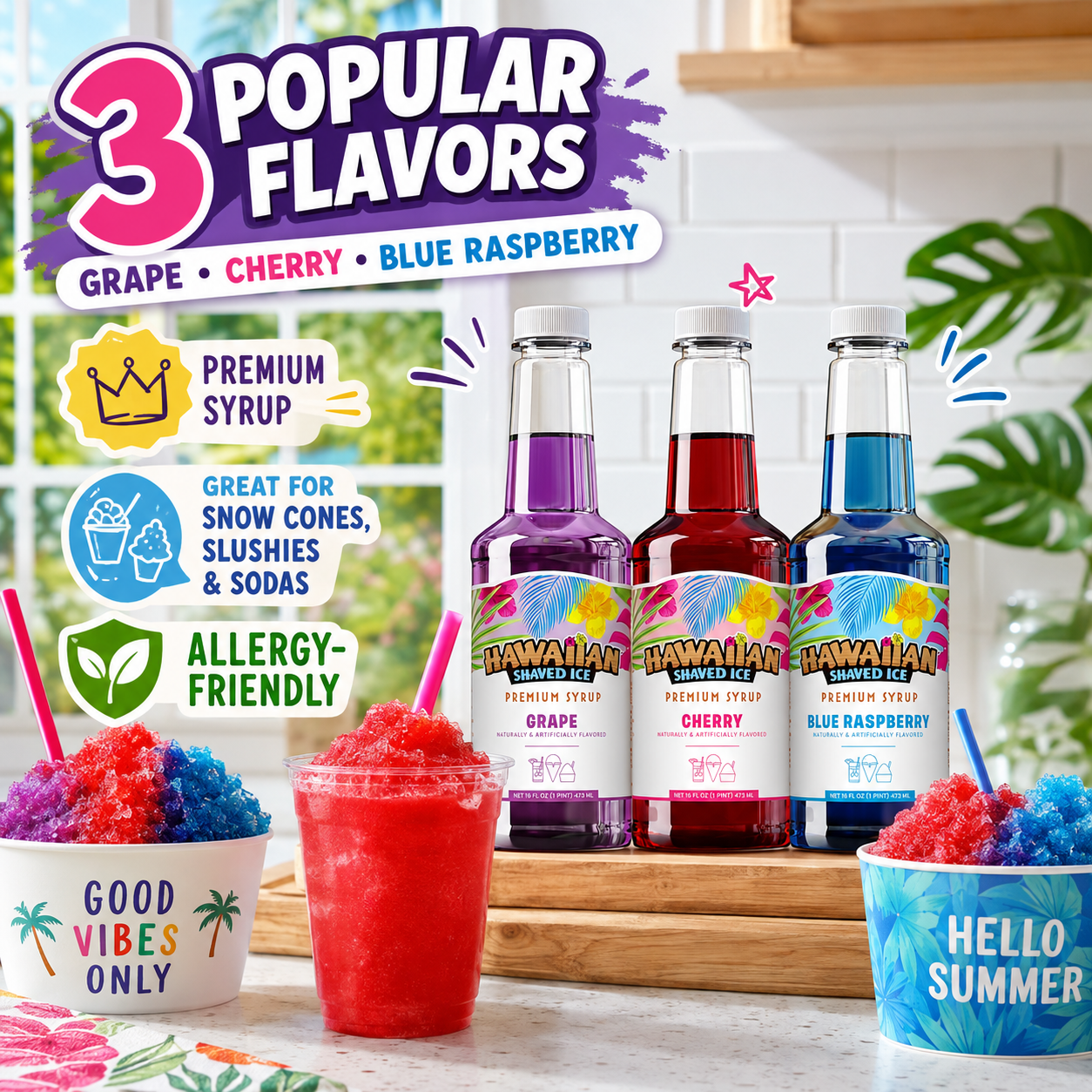 A complete All-in-One Shaved Ice Kit from Hawaiian Shaved Ice set up on a table for a party. The kit includes the white S900A machine, three popular syrup flavors (Grape, Cherry, Blue Raspberry), 25 colorful cups and spoon straws, bottle pourers, and a snow cone holder. Finished rainbow shaved ice and party drinks are also shown. Background has balloons and banners.