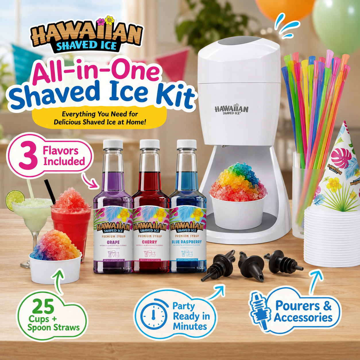 Close-up display of the Hawaiian Shaved Ice 10-pack Precise Control Pourers, also called professional pour spouts, on a kitchen counter. Four syrup bottles are shown with pourers attached, arranged around a finished rainbow shaved ice bowl. More spare pourers are scattered in the foreground. Info bubbles highlight their use for snow cones and clean, easy pouring.