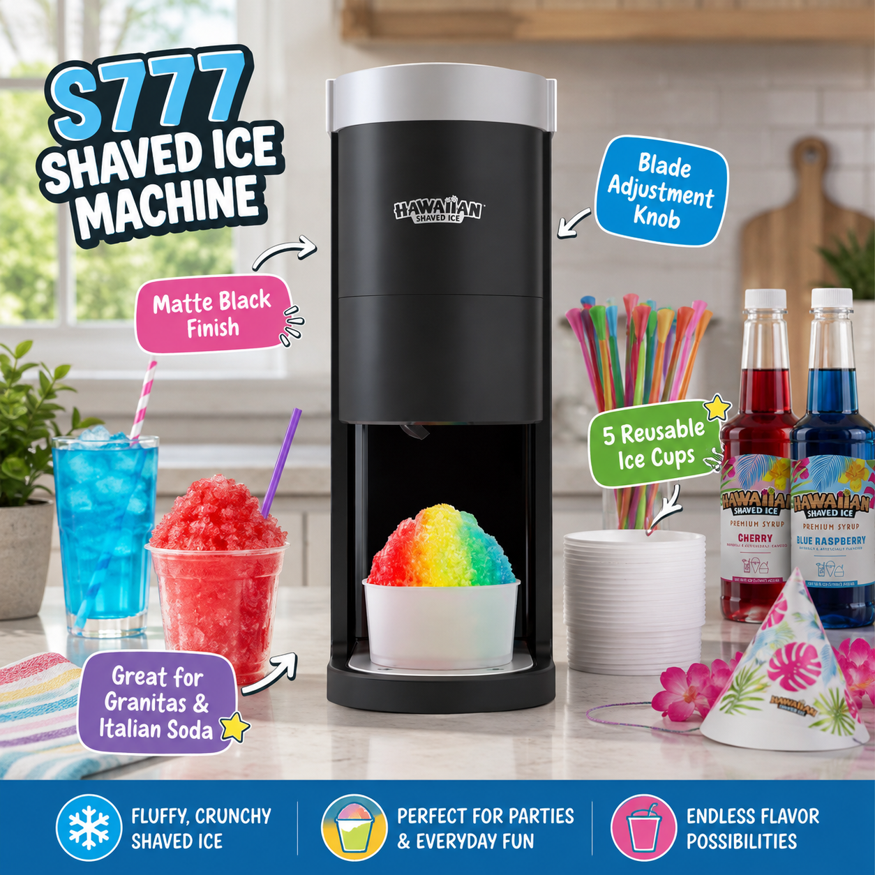 A display of three 16oz bottles of Hawaiian Shaved Ice premium syrups in popular flavors: Grape, Cherry, and Blue Raspberry. Foreground shows three colorful shaved ice and slushie servings in different cups. Info bubbles highlight the premium quality, suitability for various treats, and allergy-friendly formula. Background is a kitchen window.