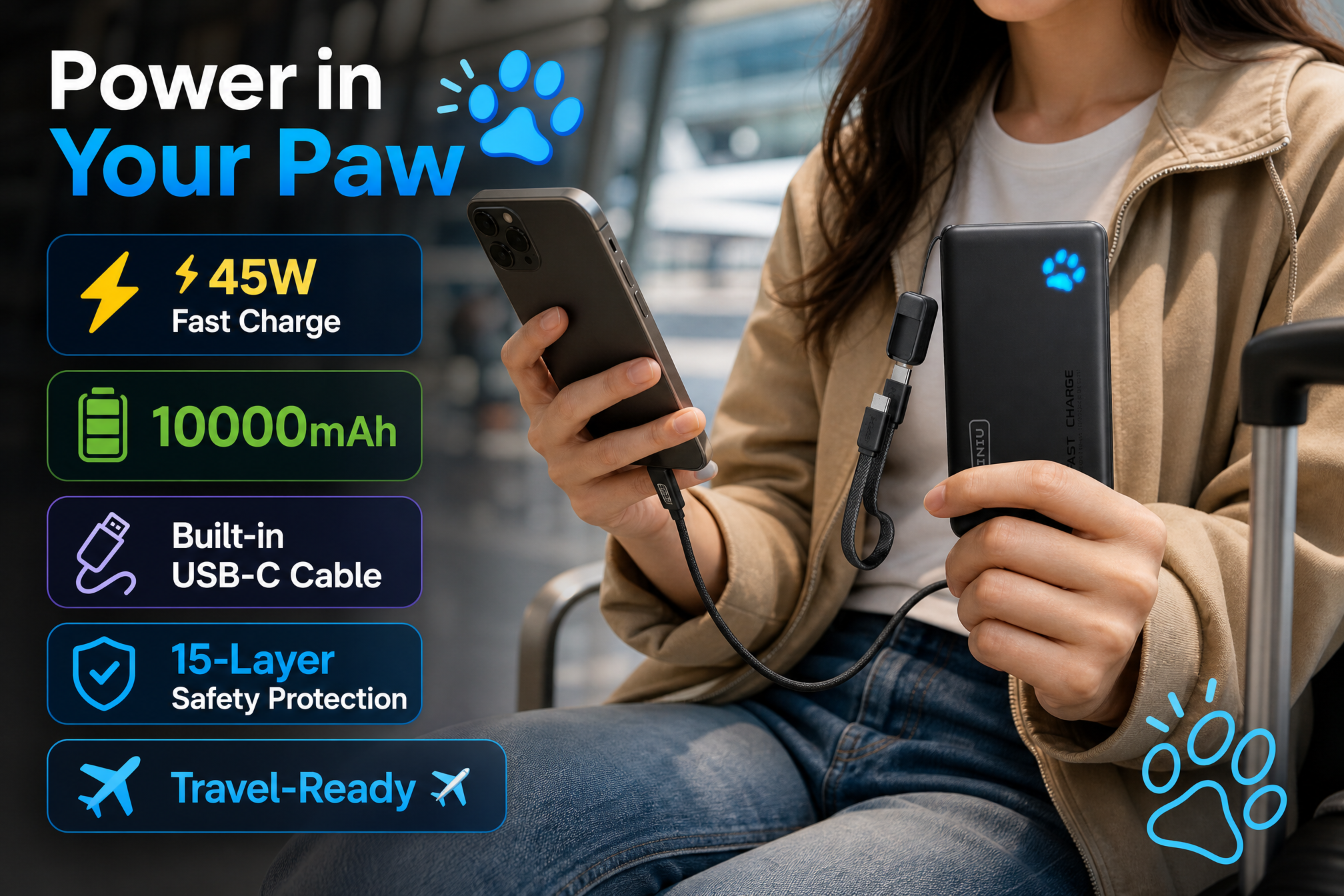 A woman at an airport holding a phone connected to an INIU 10000mAh power bank via its built-in USB-C cable. An adjacent graphic lists features: 45W Fast Charge, Built-in USB-C Cable, 15-Layer Safety Protection, and Travel-Ready.