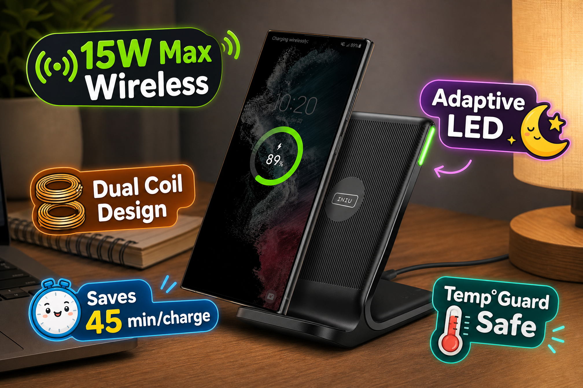 A smartphone wirelessly charging at 89% on a black INIU wireless charging stand on a wooden desk. Callouts highlight features: 15W Max Wireless, Adaptive LED for night mode, Dual Coil Design, saves 45 minutes per charge, and Temp°Guard safety protection.