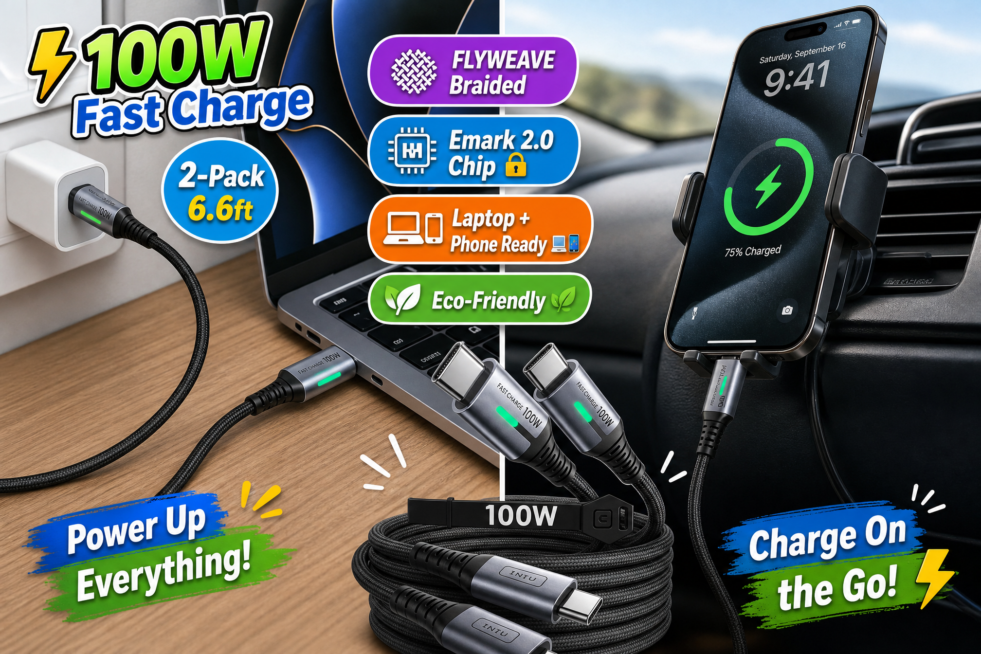 Three split-screen scenes showcasing INIU 100W USB-C cables. Top left shows a cable connecting a wall adapter to a laptop. Top right shows a phone (75% charged) in a car mount being charged. Bottom center shows a coiled 2-pack of 6.6ft Flyweave braided cables. Adjacent text highlights 100W Fast Charge, Emark 2.0 Chip, and Laptop + Phone Ready.