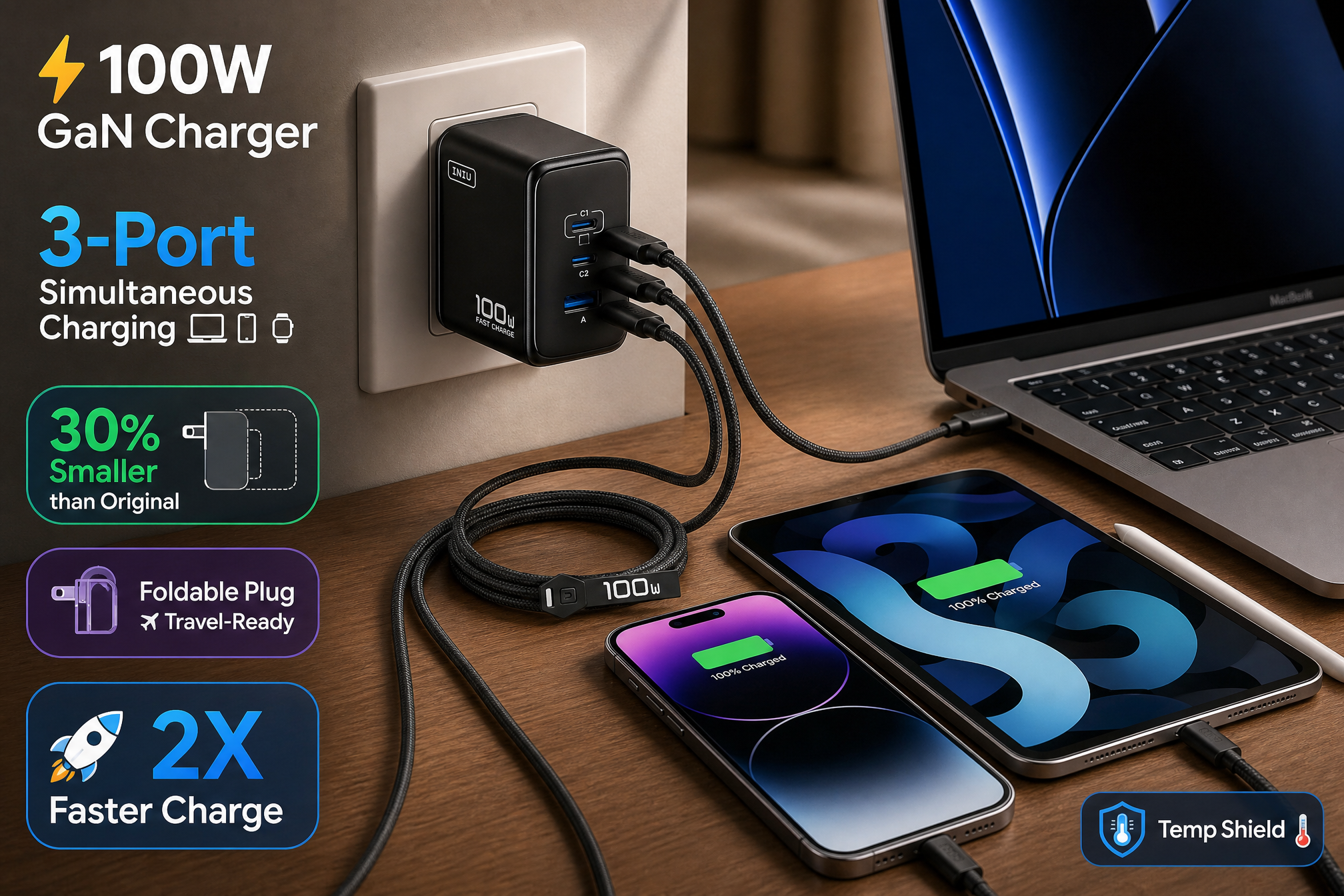 A black INIU 100W GaN charger plugged into a wall outlet, simultaneously charging a laptop (MacBook), a tablet (iPad), and a phone (iPhone) via three braided cables on a wooden desk. Text labels highlight the 100W output, 3-Port simultaneous charging, 30% smaller size than original, and Foldable Plug for travel.