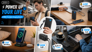 A montage of diverse lifestyle scenes showcasing different INIU charging products in use. Scenes include a man on public transit with a power bank, a laptop charging on a table with a 45W bank, a phone charging on a bedside 15W wireless stand, a 100W GaN charger powering multiple devices, and a laptop with a built-in cable bank at an outdoor cafe. Text reads: "Power Up Your Life" and "NO.1 Portable Charging Brand*."