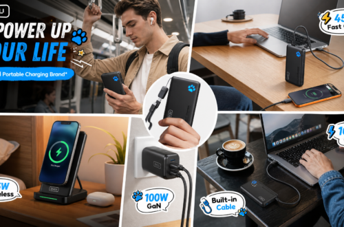 A montage of diverse lifestyle scenes showcasing different INIU charging products in use. Scenes include a man on public transit with a power bank, a laptop charging on a table with a 45W bank, a phone charging on a bedside 15W wireless stand, a 100W GaN charger powering multiple devices, and a laptop with a built-in cable bank at an outdoor cafe. Text reads: "Power Up Your Life" and "NO.1 Portable Charging Brand*."
