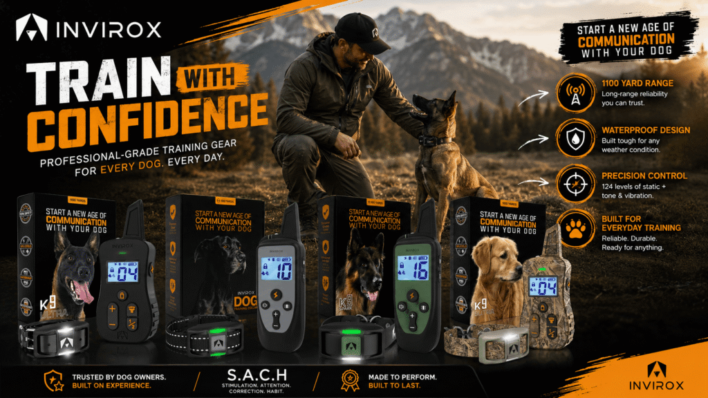 A product lineup advertisement poster displaying four different INVIROX dog training collars side-by-side with their respective boxes, collars, and remote transmitters. From left to right: K9 Ultra (Malinois), INVIROX Dog (Labrador, green LED), K9 Spark (German Shepherd, green LED), and K9 Ultra Camo (Golden Retriever). At the top, a man is kneeling with a dog. Feature icons on the right list 1100 yard range, waterproof design, precision control, and built for everyday training. The bottom features the S.A.C.H. methodology.