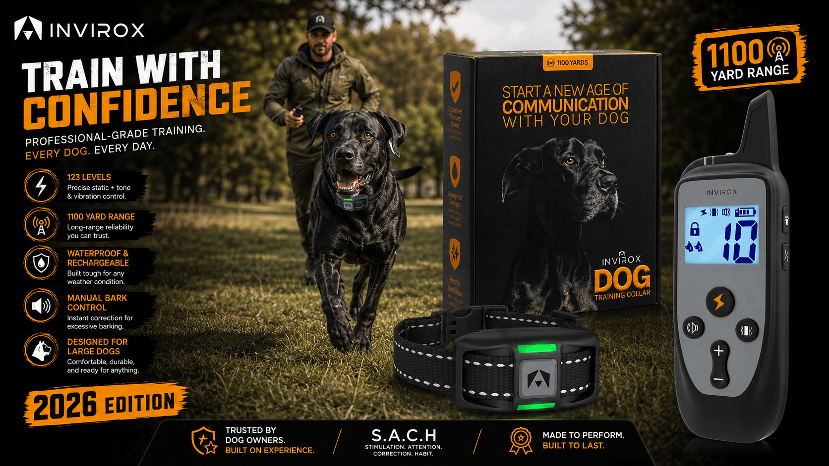 An advertisement poster for the INVIROX 2026 Edition dog training collar focusing on confidence. In the center, a Black Labrador Retriever runs wearing the collar, with a man in the background. The image features the product box, green LED-lit collar receiver, and remote transmitter showing level 10. Key features include 123 levels (precise static + tone + vibration), 1100 yard range, waterproof & rechargeable design, manual bark control, and designed for large dogs.