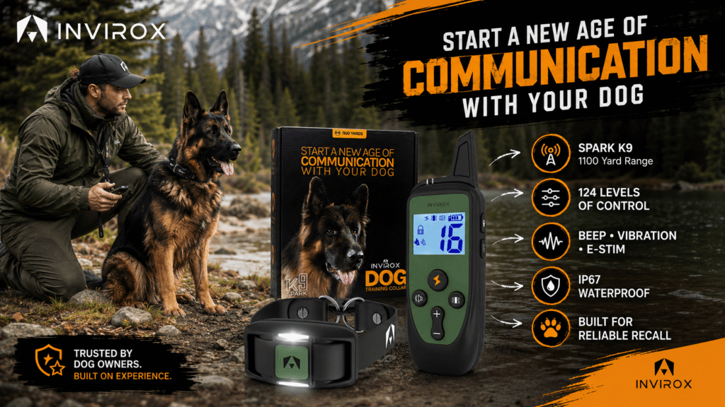 An advertisement for the INVIROX SPARK K9 dog training collar, emphasizing communication. A German Shepherd sits wearing the collar next to a kneeling man in a mountainous, rocky river environment. The product box, green LED collar receiver, and remote transmitter showing level 16 are shown. Key features highlighted are 1100 yard range, 124 levels of control, beep-vibration-E-stim modes, IP67 waterproof, and built for reliable recall.
