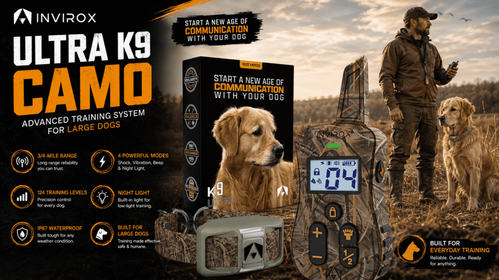 A marketing image for the INVIROX ULTRA K9 CAMO advanced training system for large dogs. It features a camouflage-patterned remote, collar, and product box against a natural, field background. On the right, a Golden Retriever stands wearing the collar next to a man. Key features listed are 3/4-mile range, 4 powerful modes, 124 training levels, night light, IP67 waterproof, and designed for large dogs.