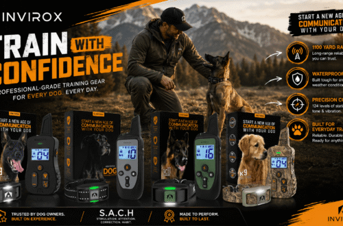 A product lineup advertisement poster displaying four different INVIROX dog training collars side-by-side with their respective boxes, collars, and remote transmitters. From left to right: K9 Ultra (Malinois), INVIROX Dog (Labrador, green LED), K9 Spark (German Shepherd, green LED), and K9 Ultra Camo (Golden Retriever). At the top, a man is kneeling with a dog. Feature icons on the right list 1100 yard range, waterproof design, precision control, and built for everyday training. The bottom features the S.A.C.H. methodology.