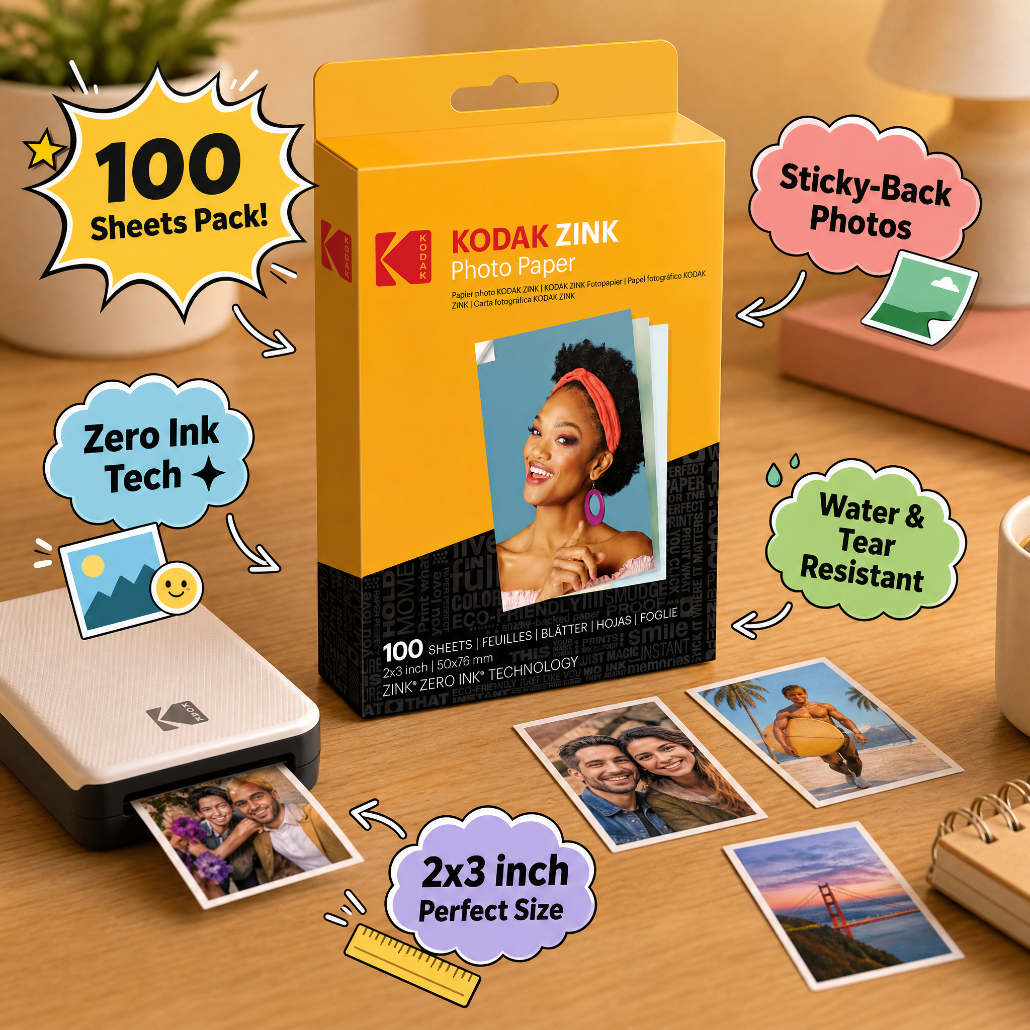 Kodak ZINK 2x3 inch sticky-back photo paper, 100-sheets pack, zero ink technology, water and tear resistant.