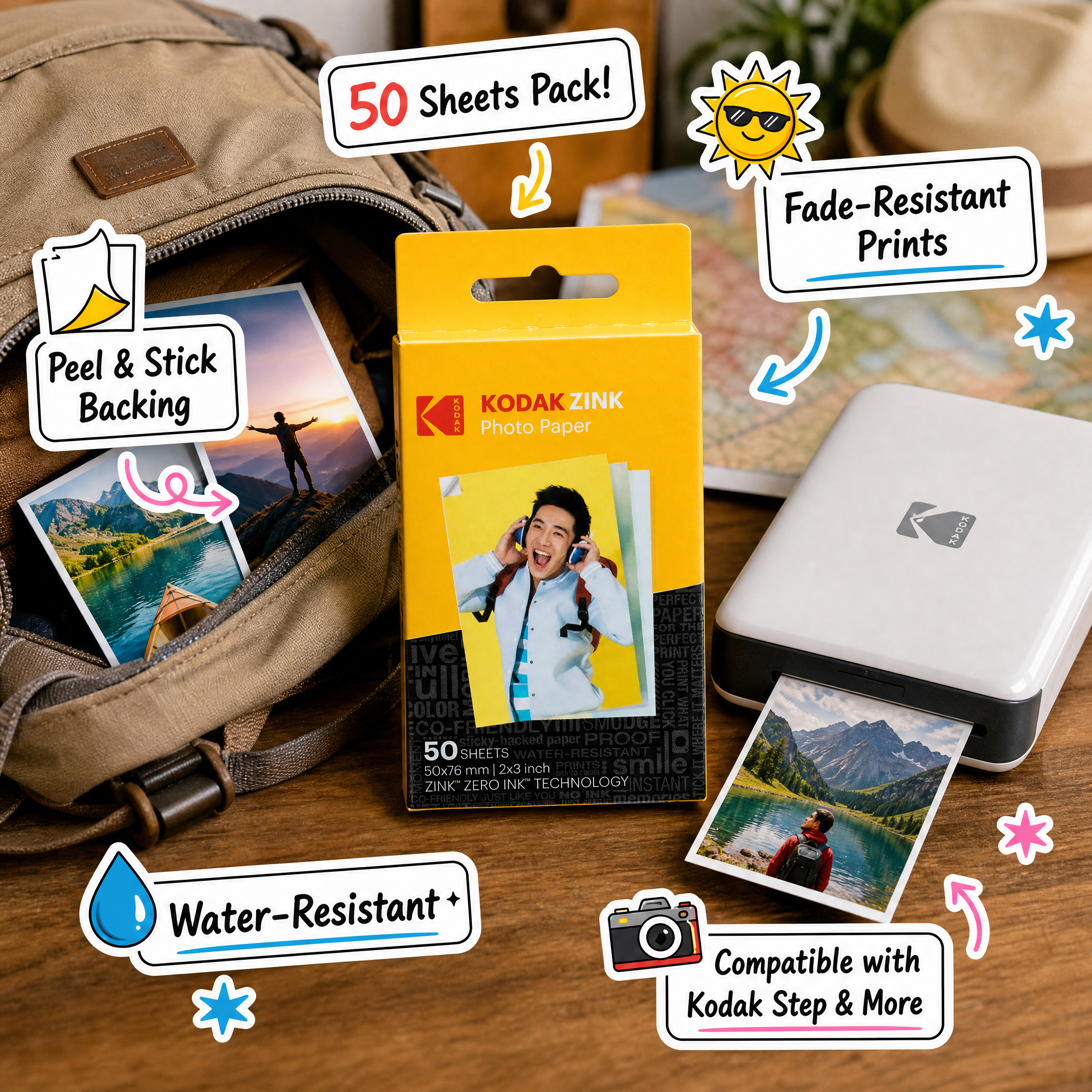 Kodak phone instant photo printer advertisement highlighting Bluetooth/NFC, ZINK zero ink, sticky-back photos, and 25 prints per charge.