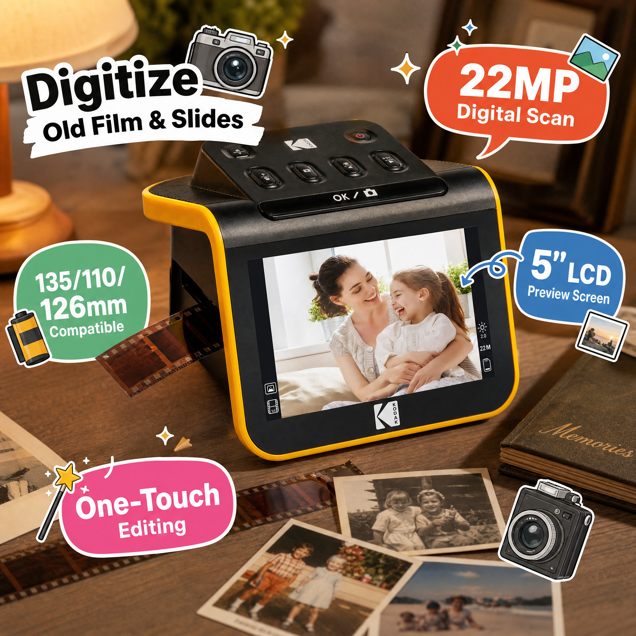 Kodak 22MP film and slide scanner digitizing 135/110/126mm film, featuring a 5-inch LCD screen and one-touch editing.