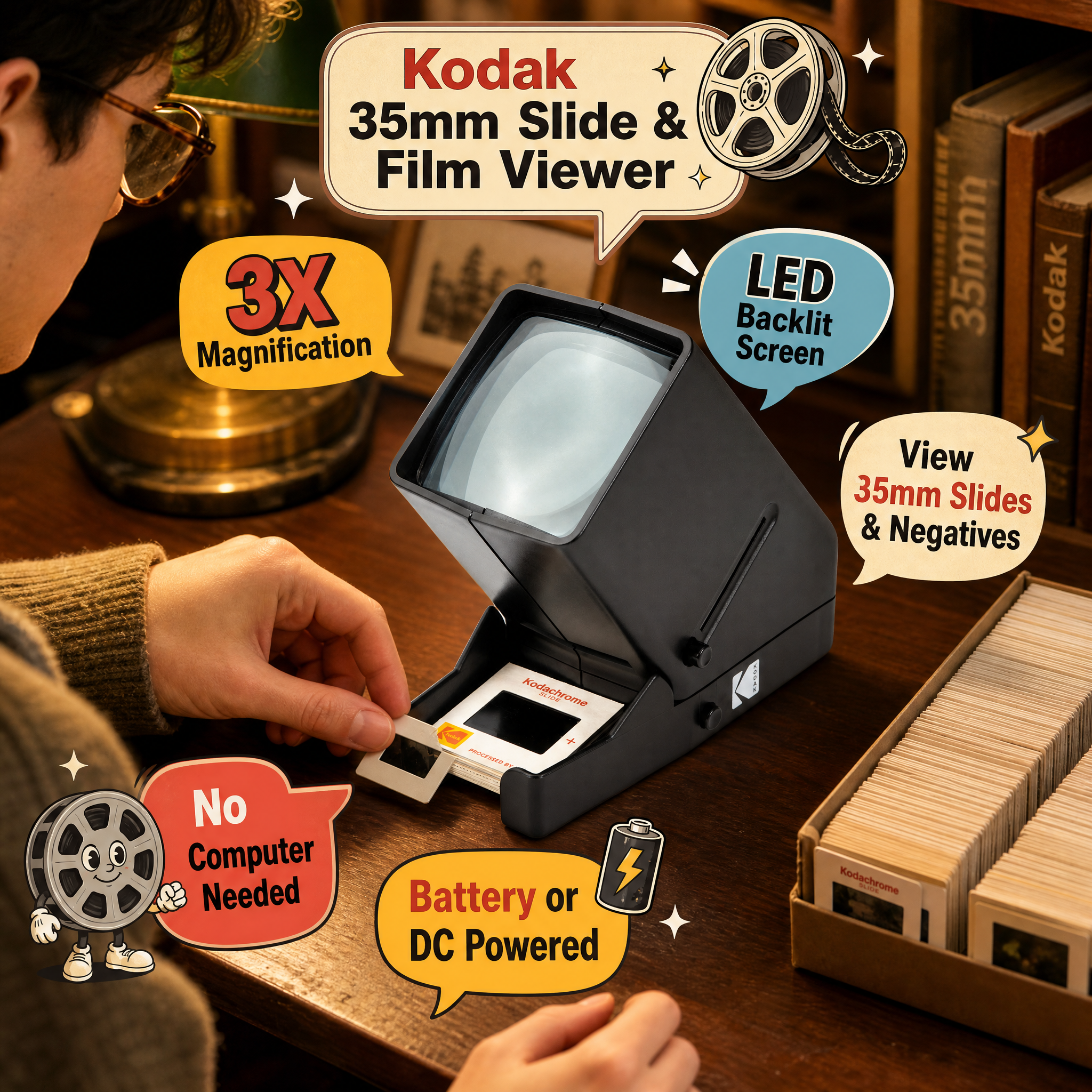 Kodak 35mm slide and film viewer, 3x magnification, LED backlit screen, viewing 35mm slides & negatives without a computer.