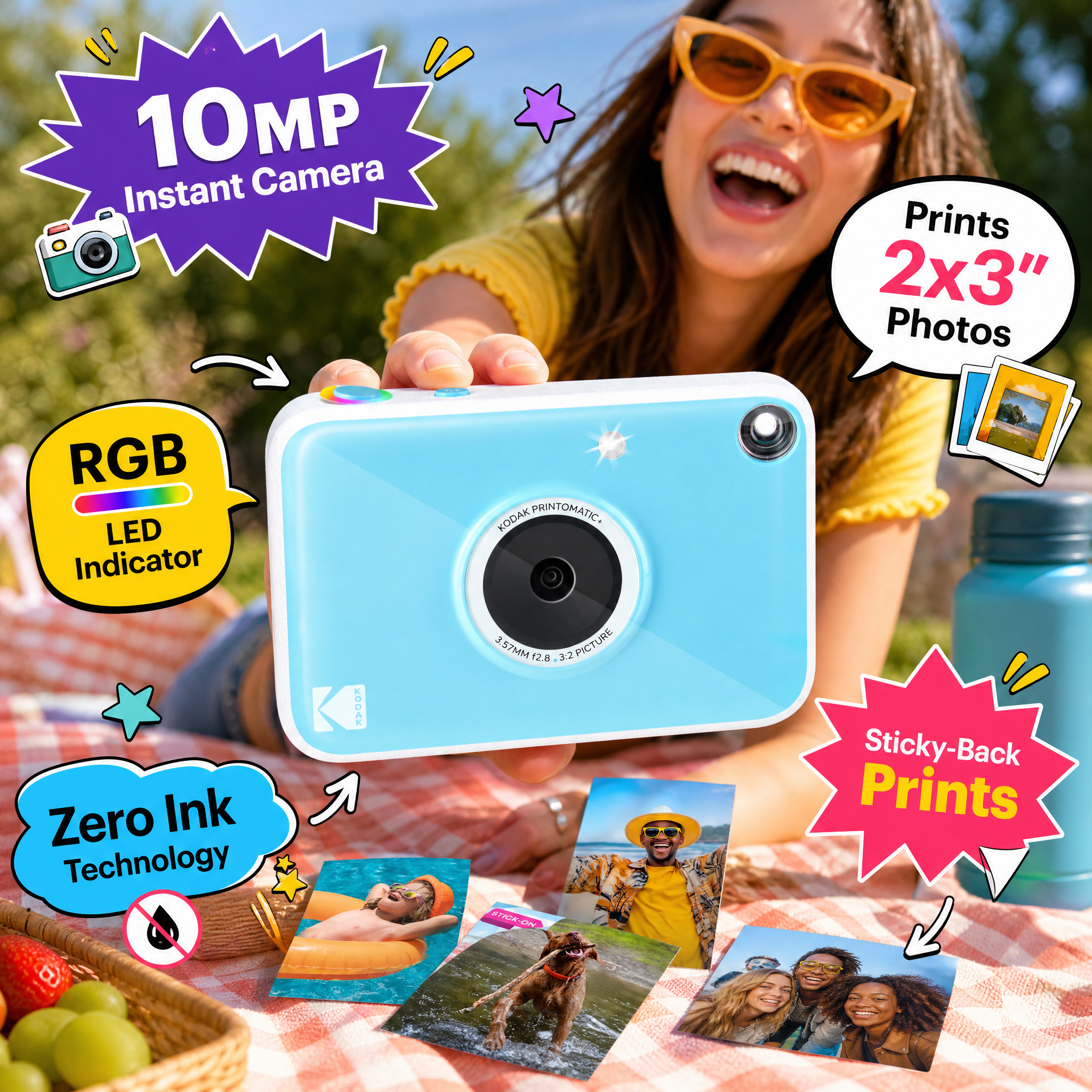 Kodak 10MP instant print camera (blue) at a picnic capturing and printing 2x3" sticky-back photos with zero ink technology.