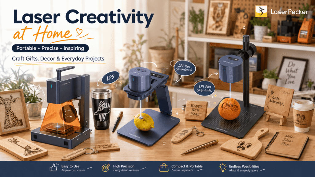 LaserPecker laser engravers displayed in a bright home craft studio, engraving leather, fruit, wood and drinkware, with “Laser Creativity at Home” and portable, precise, creative feature callouts.