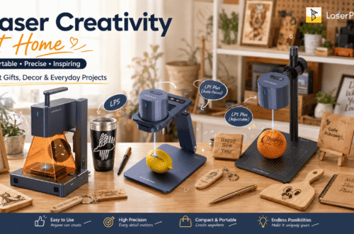 LaserPecker laser engravers displayed in a bright home craft studio, engraving leather, fruit, wood and drinkware, with “Laser Creativity at Home” and portable, precise, creative feature callouts.