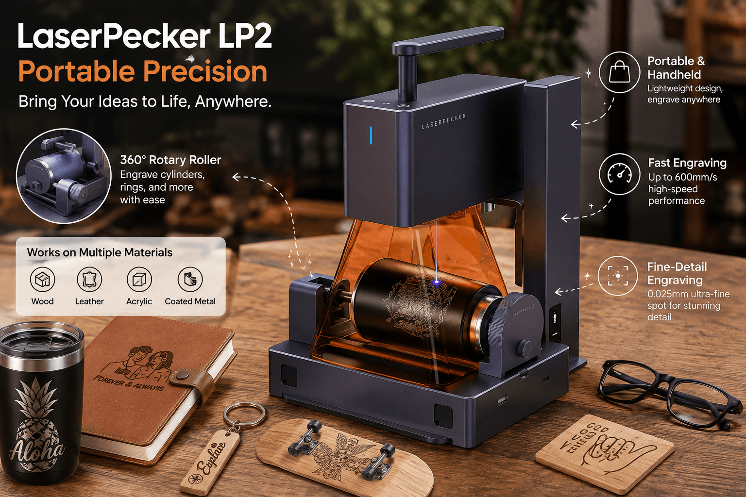 LaserPecker LP2 portable laser engraver working with a rotary roller on a cylindrical item, surrounded by engraved leather, wood and drinkware samples with portability, speed and precision callouts.