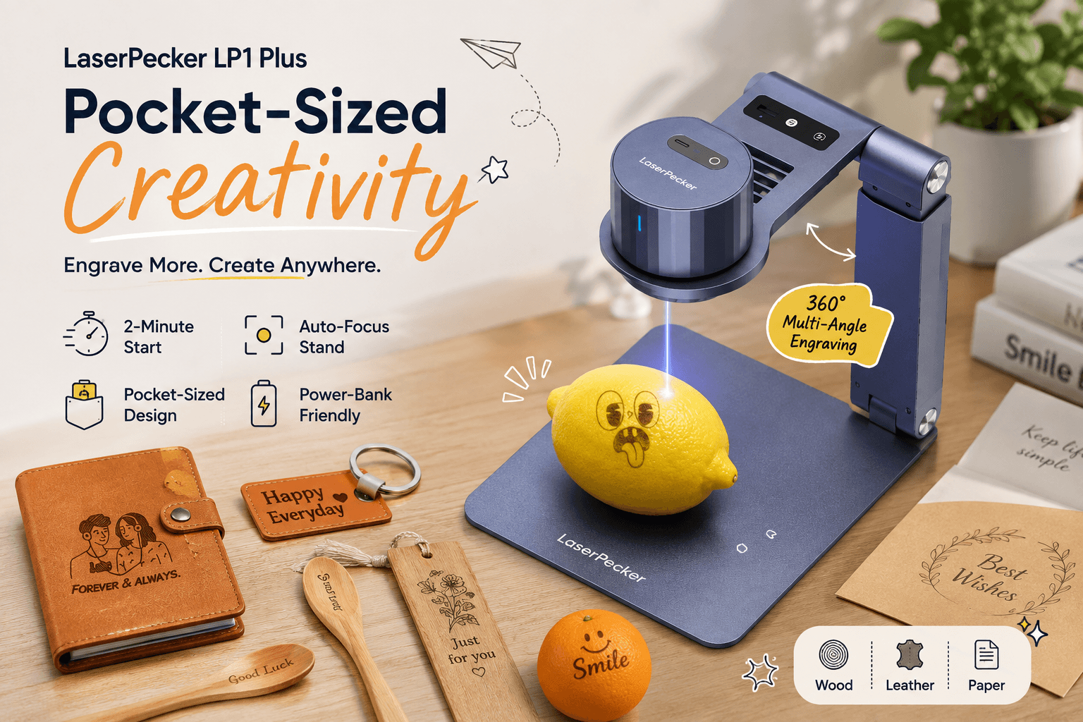 LaserPecker LP1 Plus compact laser engraver engraving a lemon on a desktop, surrounded by personalized leather, wood, fruit and paper crafts with 2-minute start, auto-focus and portable design callouts.