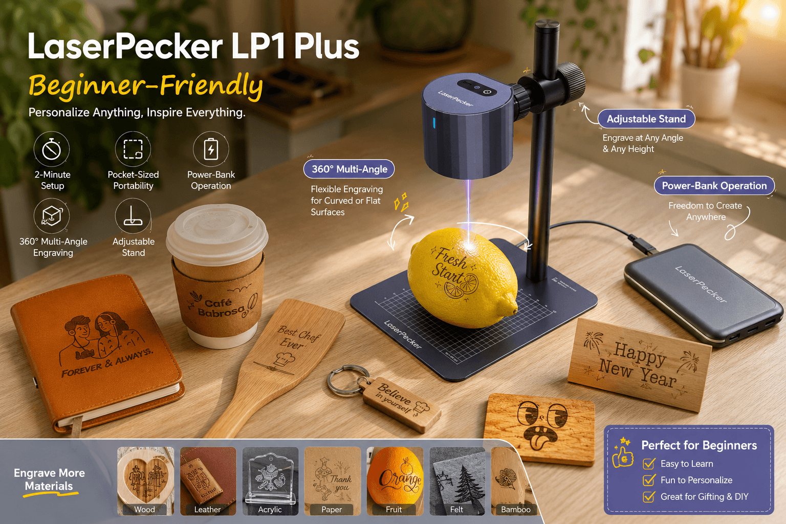 LaserPecker LP1 Plus beginner-friendly laser engraver personalizing a lemon in a warm craft workspace, with adjustable stand, multi-angle engraving, power-bank operation and multiple material examples.