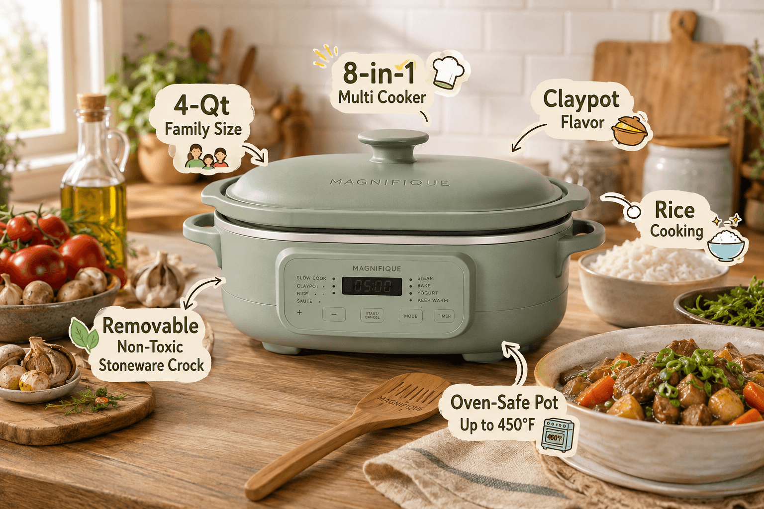 An infographic marketing image of a mint green Magnifique 8-in-1 multi-cooker sitting on a wooden kitchen counter, surrounded by ingredients like tomatoes, garlic, mushrooms, and bowls of white rice and beef stew. Multiple overlay text labels with icons describe the product's features: "4-Qt Family Size" with a family icon, "8-in-1 Multi Cooker" with a chef hat, "Claypot Flavor" with a clay pot icon, "Rice Cooking" with a rice bowl, "Oven-Safe Pot Up to 450°F" with an oven icon, and "Removable Non-Toxic Stoneware Crock" with a leaf icon. The cooker's digital display shows "05:00".