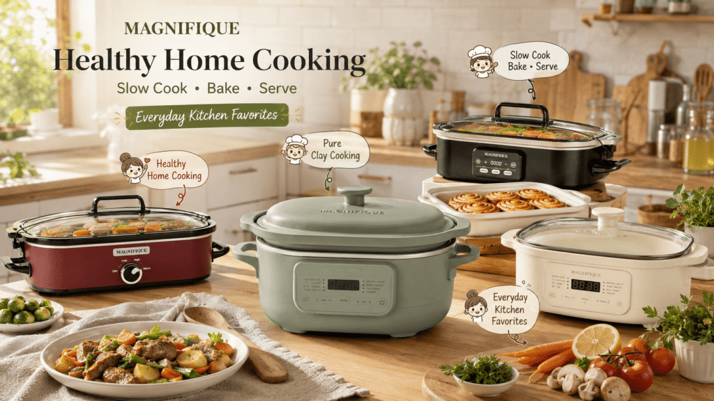 A marketing collection of four Magnifique slow cookers in different colors (matte black, mint green, off-white, and deep red) arranged on a light-colored wooden kitchen counter with open shelves in the background. The main text header reads "MAGNIFIQUE Healthy Home Cooking Slow Cook • Bake • Serve". Each pot has a cartoon chef illustration and text overlay: "Healthy Home Cooking", "Pure Clay Cooking", "Slow Cook Bake • Serve", and "Everyday Kitchen Favorites". Prepared dishes include a plate of beef and vegetable stew, a dish of cinnamon rolls, and various fresh ingredients like vegetables, tomatoes, and mushrooms.