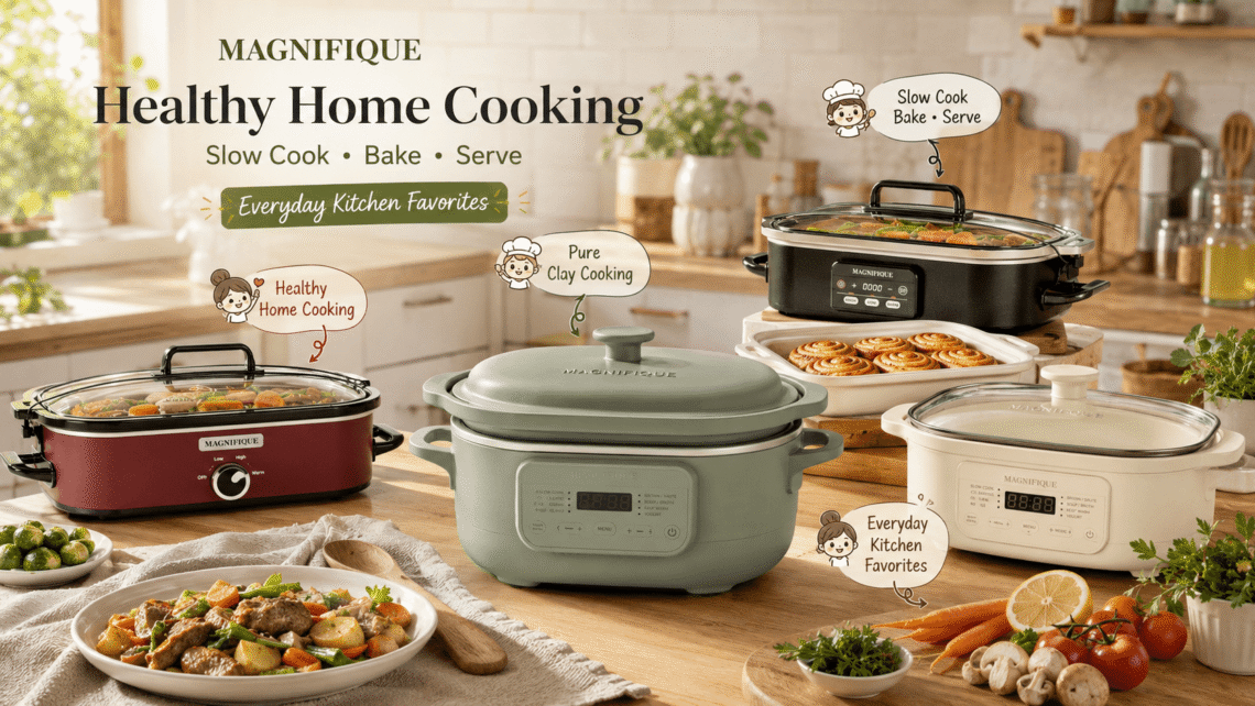 A marketing collection of four Magnifique slow cookers in different colors (matte black, mint green, off-white, and deep red) arranged on a light-colored wooden kitchen counter with open shelves in the background. The main text header reads "MAGNIFIQUE Healthy Home Cooking Slow Cook • Bake • Serve". Each pot has a cartoon chef illustration and text overlay: "Healthy Home Cooking", "Pure Clay Cooking", "Slow Cook Bake • Serve", and "Everyday Kitchen Favorites". Prepared dishes include a plate of beef and vegetable stew, a dish of cinnamon rolls, and various fresh ingredients like vegetables, tomatoes, and mushrooms.