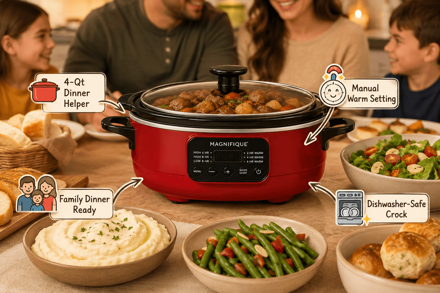 A lifestyle marketing image of a family of four (two parents and two children) sitting happily around a dinner table, looking at a red Magnifique slow cooker filled with a meatball and potato stew. The table is laden with side dishes: bread, mashed potatoes, green beans, a green salad, and dinner rolls. Text labels with icons describe the scene: "4-Qt Dinner Helper" with a red pot, "Manual Warm Setting" with a clock/knob icon, "Family Dinner Ready" with a family icon, and "Dishwasher-Safe Crock" with a dishwasher icon. The cooker's control panel shows different time settings.