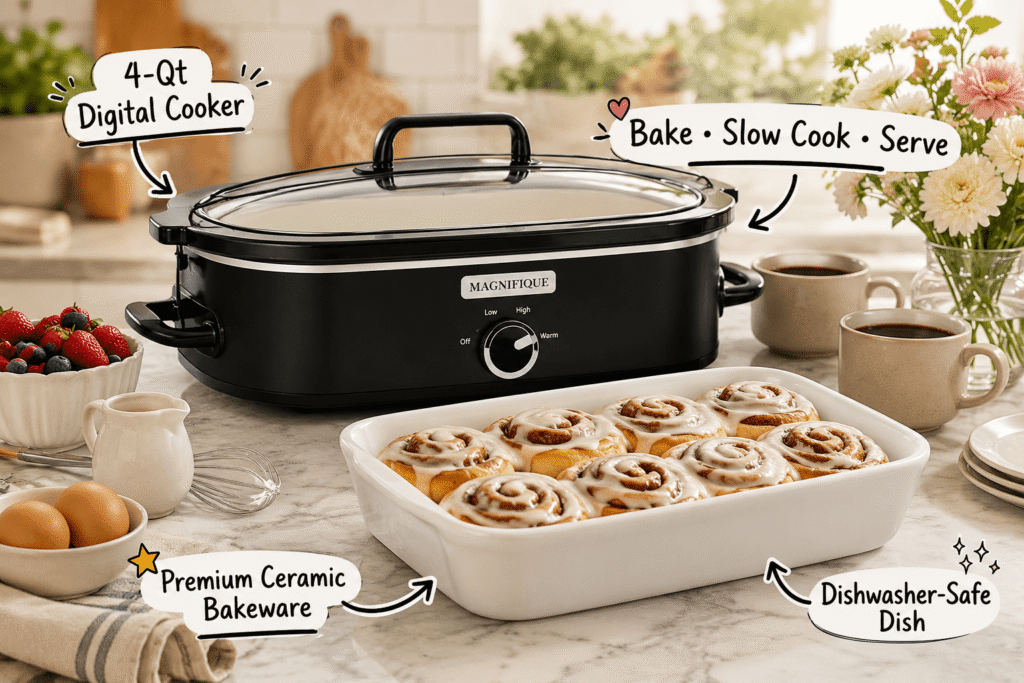 A sleek black Magnifique digital slow cooker with a control knob and clear lid sits on a marble countertop. In front of it is a white ceramic baking dish filled with iced cinnamon rolls. The scene includes bowls of strawberries, blueberries, and raw eggs, a small whisk, and two coffee mugs with flowers in the background. Text labels identify: "4-Qt Digital Cooker", "Bake • Slow Cook • Serve", "Premium Ceramic Bakeware", and "Dishwasher-Safe Dish".