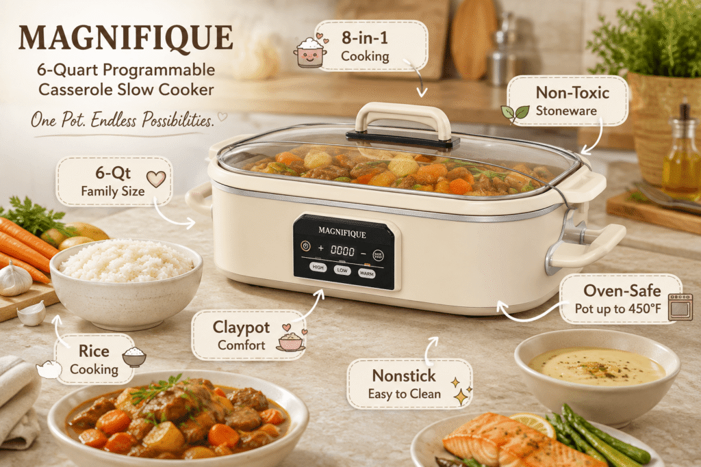 A product infographic for the Magnifique 6-Quart Programmable Casserole Slow Cooker. The beige, rectangular cooker is in a rustic kitchen setting, filled with a hearty stew. The slogan "One Pot. Endless Possibilities. ♡" is visible. White text labels with icons explain the benefits: "8-in-1 Cooking" with a rice bowl icon, "Non-Toxic Stoneware" with a leaf icon, "Oven-Safe Pot up to 450°F" with an oven icon, "Nonstick Easy to Clean" with sparkles, "Claypot Comfort" with a rice bowl and hearts, "Rice Cooking" with a bowl of rice, and "6-Qt Family Size" with a heart. The digital timer shows "00:00". The scene includes fresh produce like carrots, garlic, and a bowl of rice, and a bowl of soup.