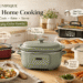 A marketing collection of four Magnifique slow cookers in different colors (matte black, mint green, off-white, and deep red) arranged on a light-colored wooden kitchen counter with open shelves in the background. The main text header reads "MAGNIFIQUE Healthy Home Cooking Slow Cook • Bake • Serve". Each pot has a cartoon chef illustration and text overlay: "Healthy Home Cooking", "Pure Clay Cooking", "Slow Cook Bake • Serve", and "Everyday Kitchen Favorites". Prepared dishes include a plate of beef and vegetable stew, a dish of cinnamon rolls, and various fresh ingredients like vegetables, tomatoes, and mushrooms.