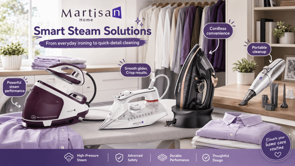 Martisan Home appliance collection in a modern laundry space, featuring steam irons, a steam station and portable vacuum with callouts for high-pressure steam, cordless convenience, safety and everyday cleaning.